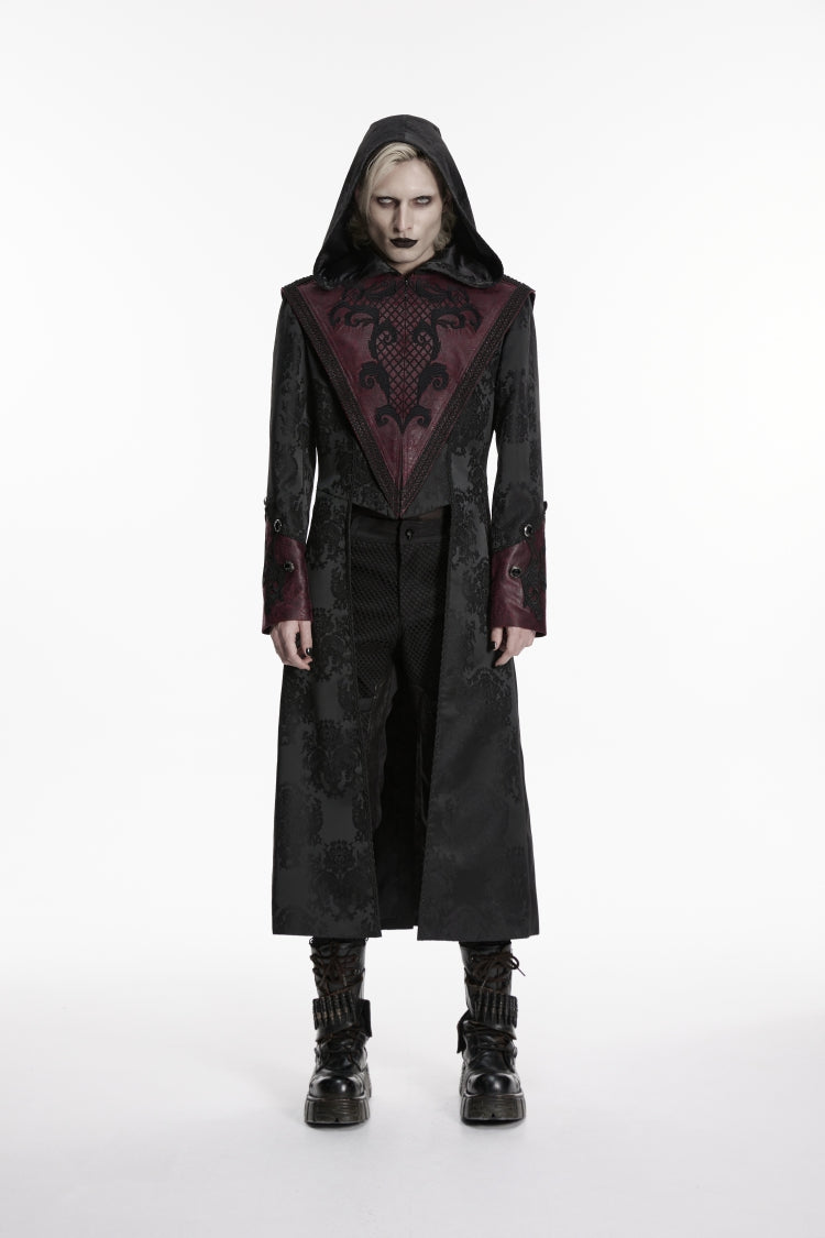 Black/Red Long Sleeves Jacquard Embroidered Spliced Lace Hooded Color-Blocked Men's Punk Cool Coat - Product - 2