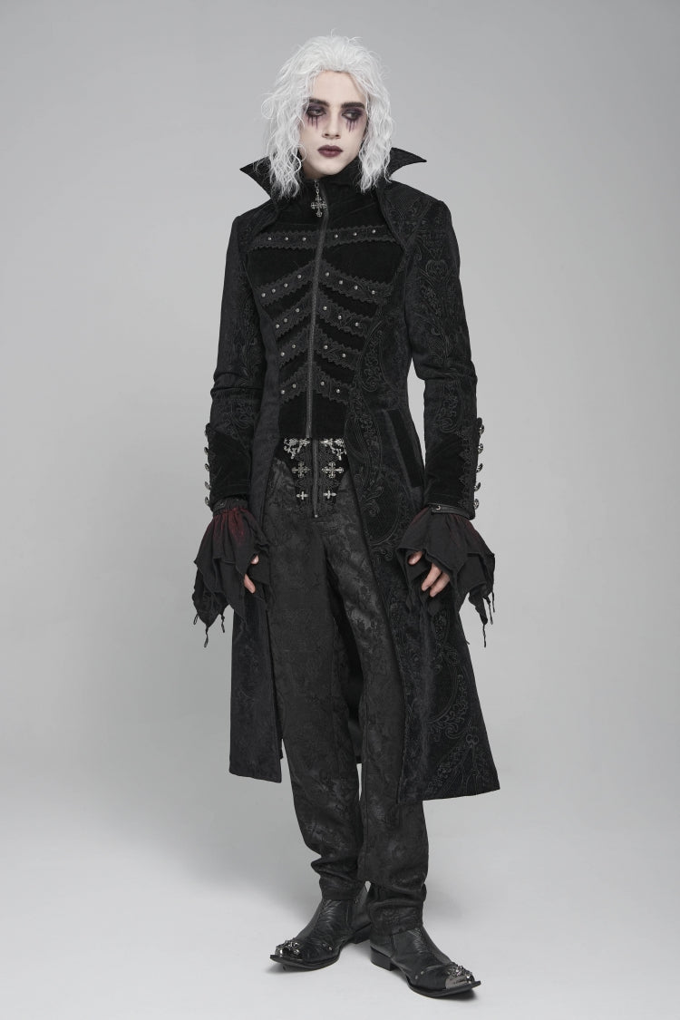 Black Diamante Stand Collar Long Sleeves Printed Zippered Men's Gothic Long Coat - Product - 9