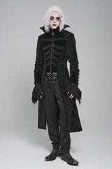 Black Diamante Stand Collar Long Sleeves Printed Zippered Men's Gothic Long Coat - Product - 9