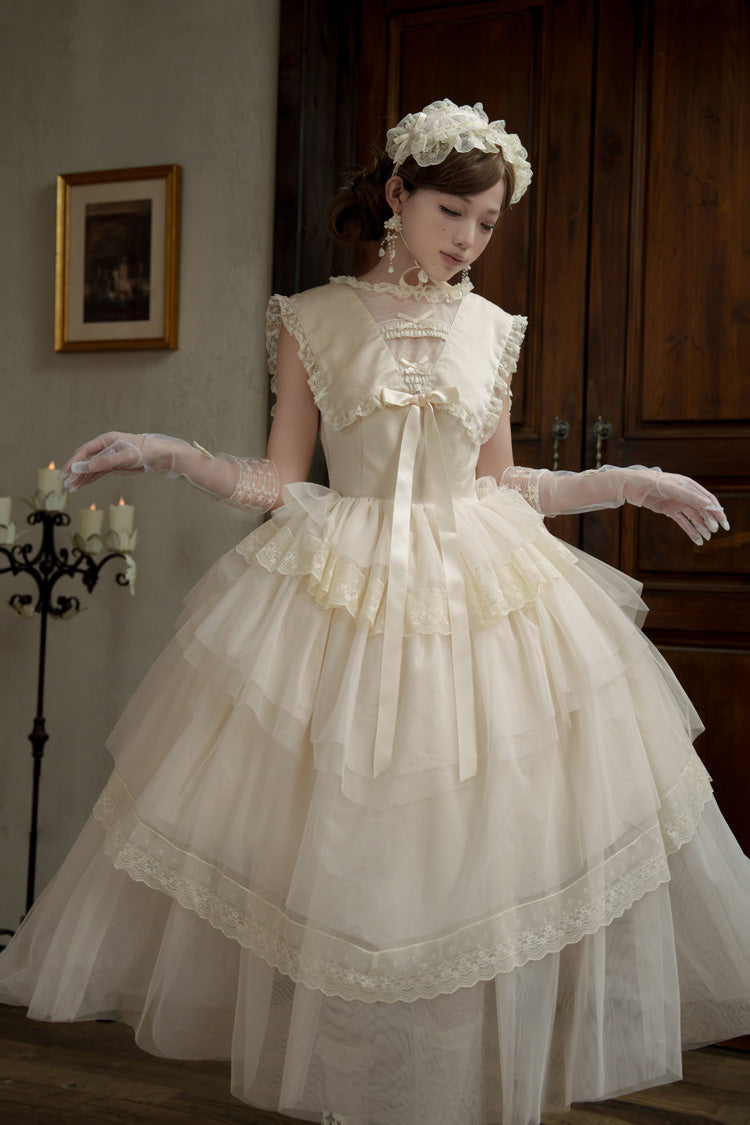 White [Dream by the Pillow] Triple-Layered Ruffled Bow Lace Sweet Elegant Lolita Dress - Product - 15