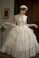 White [Dream by the Pillow] Triple-Layered Ruffled Bow Lace Sweet Elegant Lolita Dress - Product - 15