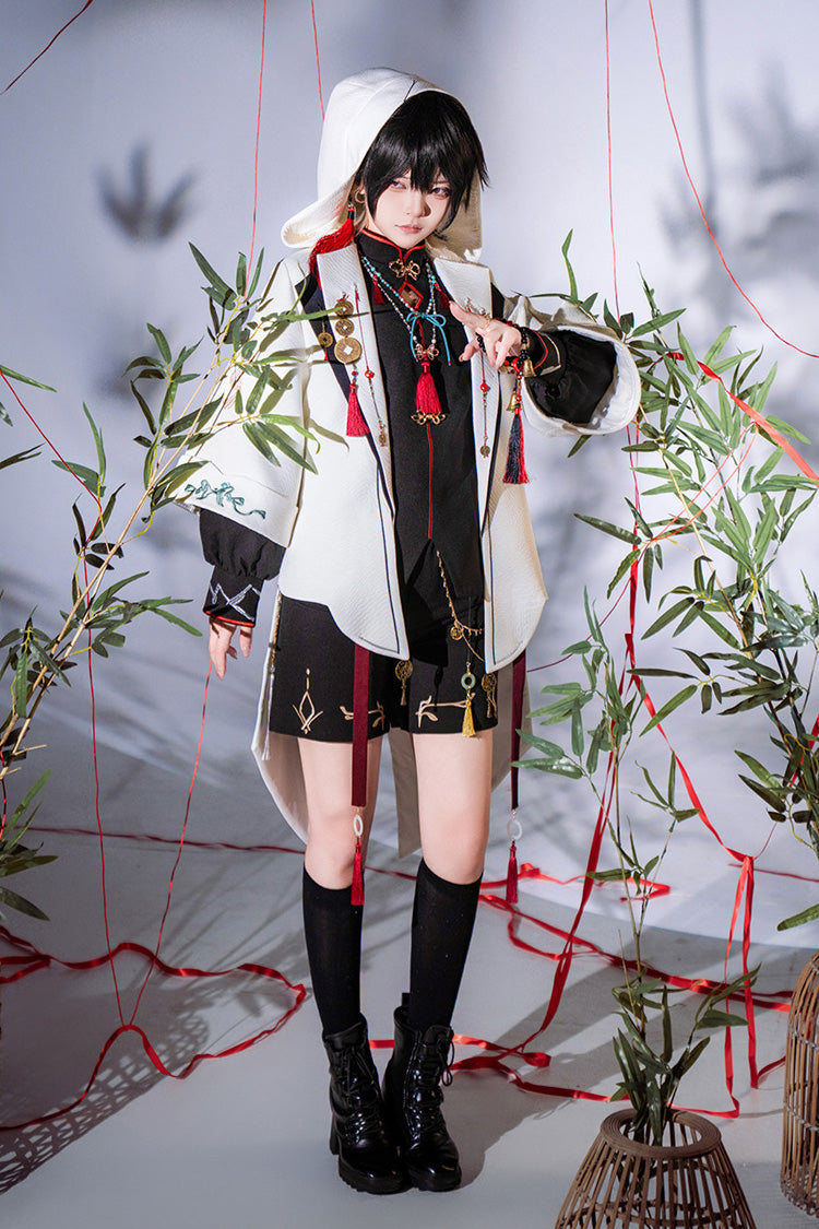 Black/White [Mountain Spirit] Long Sleeves Embroidered Hooded Classic Chinese Inspired Ouji Lolita Shorts Set - Product - 4