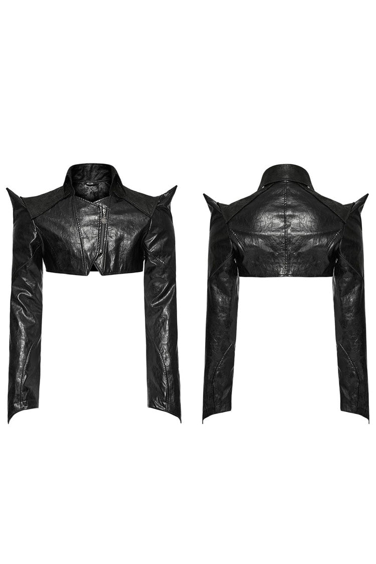 Black Stand Collar Zipper Faux Leather Sharp Shoulders Mens Steampunk Short Coat - Product - 5