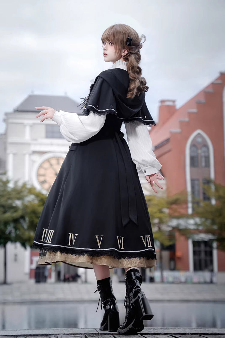 Black [Dragon’s Aria] Long Sleeves Printed Embroidered College Style Gothic Vintage Lolita Dress Three-Piece Set - Product - 6