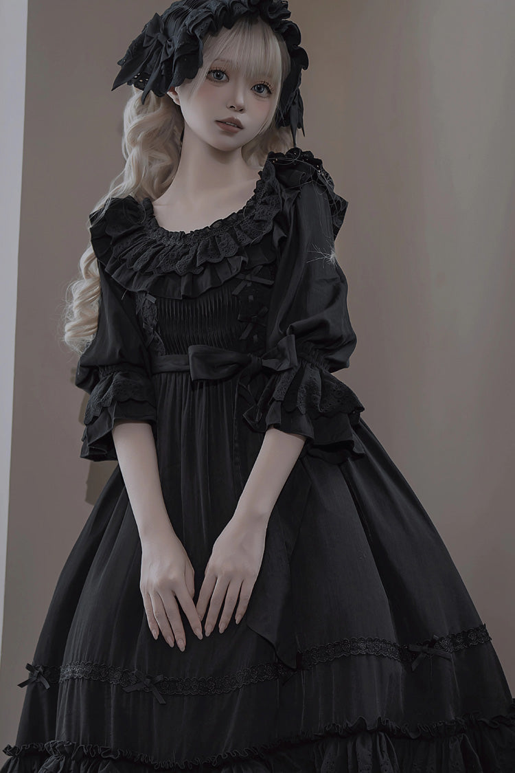 Black [Good Morning] Short Sleeves Ruffle Bowknot Lace-Up Gothic Lolita Dress - Product - 4