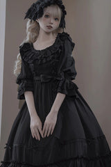 Black [Good Morning] Short Sleeves Ruffle Bowknot Lace-Up Gothic Lolita Dress - Product - 4