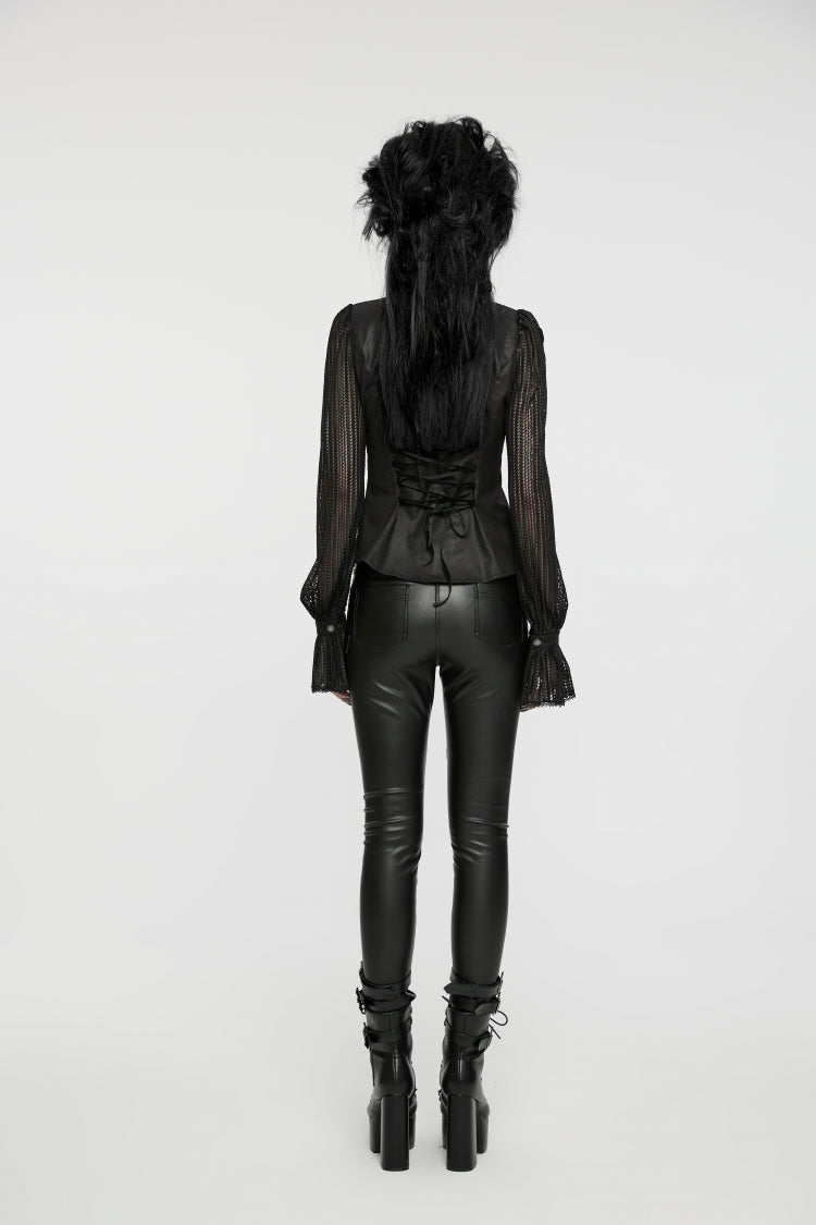 Black Stand Collar Stitching Mesh Women's Punk Blouse - Product - 6