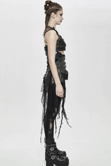 Black Vintage Leather Patchwork Distressed Belted Irregularly Lace Hem Women's Punk Half Skirt - Product - 6