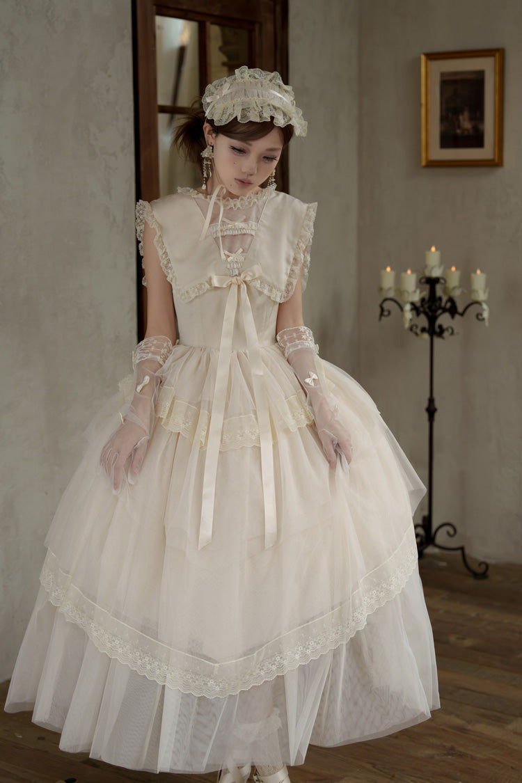 White [Dream by the Pillow] Triple-Layered Ruffled Bow Lace Sweet Elegant Lolita Dress - Product - 12
