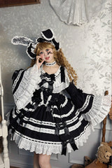 Black [Rabbit Sleeping Doll] Long Trumpet Sleeves Ruffle Bowknot Lace Sweet Lolita Dress - Product - 3