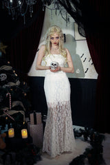 White Sleeveless Pleated Lace Women's Gothic Slip Dress Wedding Dress - Product - 11
