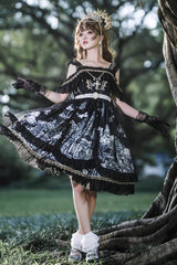 Black [Castle Feast] Print Ruffle Bowknot Gothic Princess Lolita Jsk Dress - Product - 3