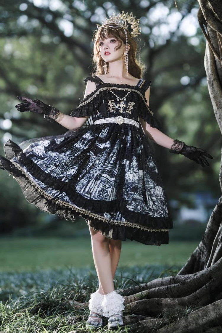 Black [Castle Feast] Print Ruffle Bowknot Gothic Princess Lolita Jsk Dress - Product - 3