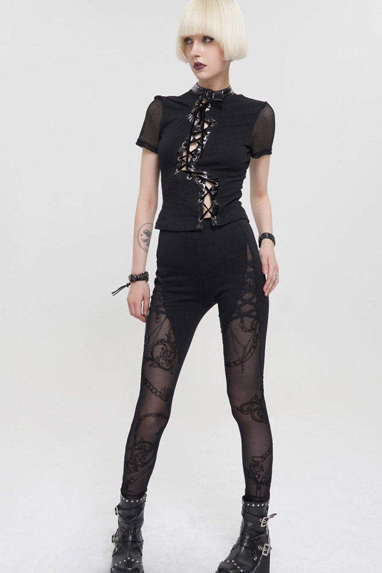 Black Detachable Knitted Fabric Splicing Printing Mesh Women's Punk Leggings - Product - 8