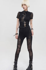 Black Detachable Knitted Fabric Splicing Printing Mesh Women's Punk Leggings - Product - 8