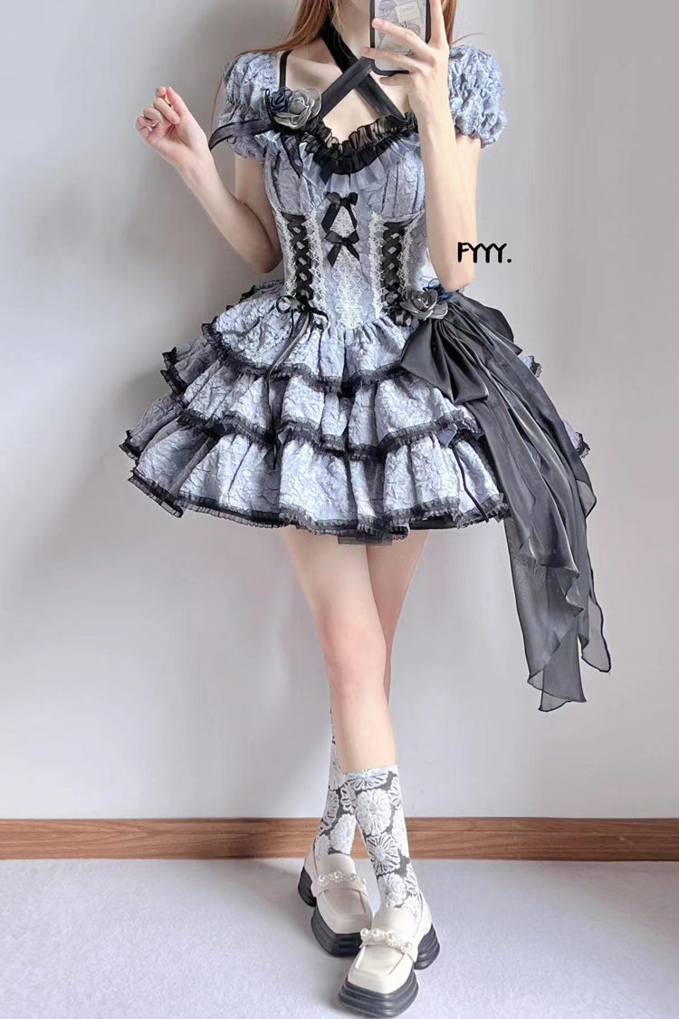 Black/Blue Medea Kiss Short Sleeves Gothic Lolita Op Tiered Dress - Product - 5
