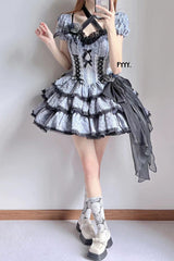 Black/Blue Medea Kiss Short Sleeves Gothic Lolita Op Tiered Dress - Product - 5