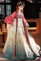 Pink/Blue High Waisted Print Embroidery Women's Classic Hanfu Dress Full Set - Product - 4