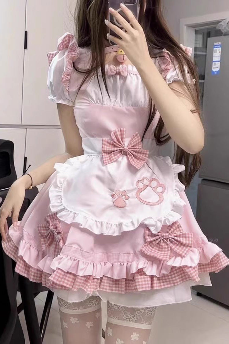 Pink/White Plus Size Short Sleeves Cat Paw Print Sweet Lolita Maid Dress - Pink/White - 1