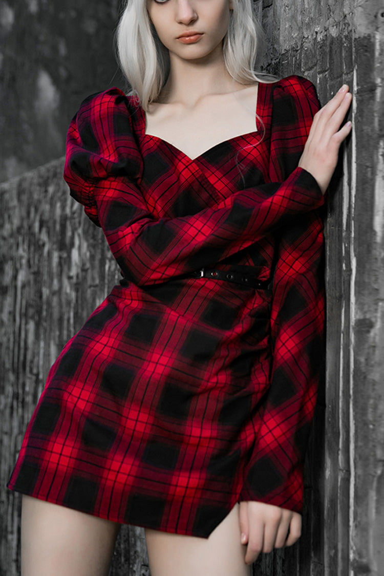 Black/Red Lattice High Waist Long Sleeve Women's Steam Punk Belted Dress - Black/Red - 1