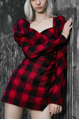 Black/Red Lattice High Waist Long Sleeve Women's Steam Punk Belted Dress - Black/Red - 1