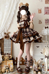 Brown [Caramel Cocoa] Double-Layered Print Ruffle Bowknot Sweet Lolita Jsk Dress - Product - 4