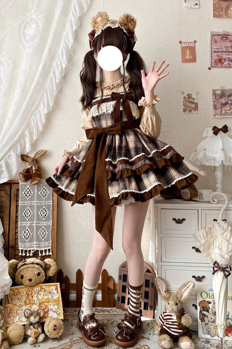 Brown [Caramel Cocoa] Double-Layered Print Ruffle Bowknot Sweet Lolita Jsk Dress - Product - 4