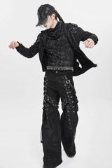 Black Spliced Lace-Up Mesh Ripped Men's Punk Baggy Pants - Product - 9