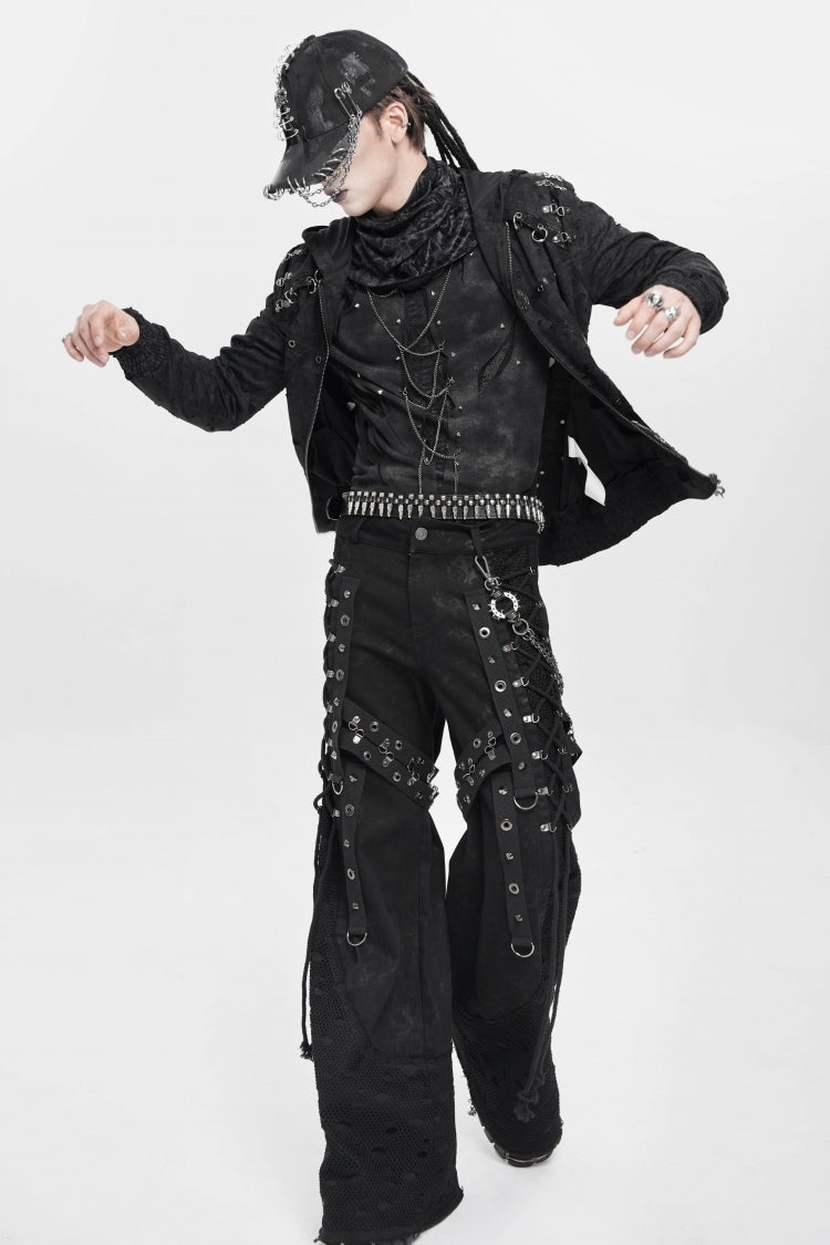 Black Spliced Lace-Up Mesh Ripped Men's Punk Baggy Pants - Product - 9