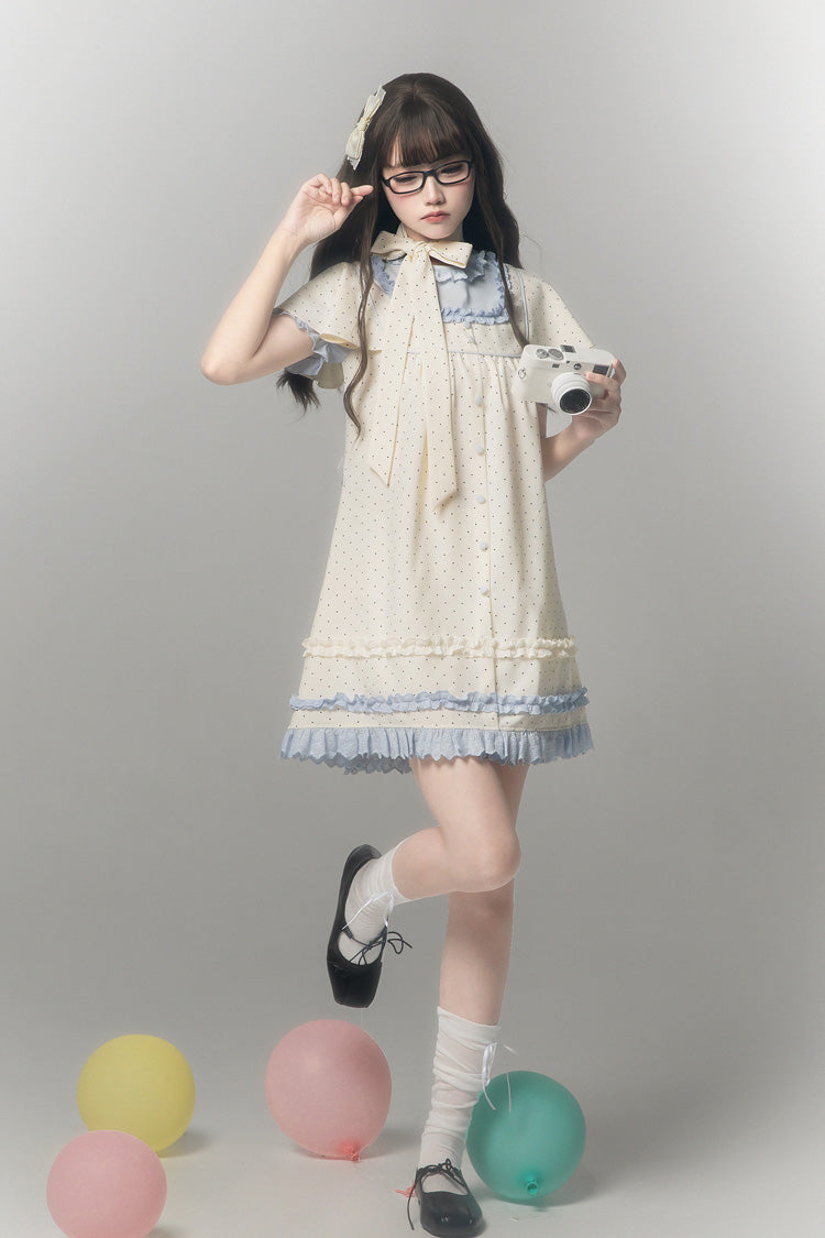 Aqua [Polka Dot Bouclé] Round Collar Long Sleeves Printed Ruffled Faux Two-Piece Sweet Japanese Lolita Dress - Product - 4