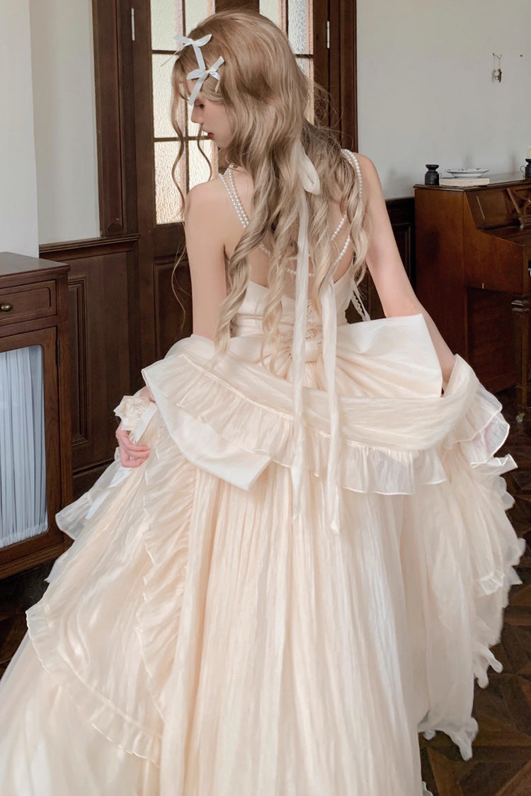 Apricot Halterneck Sleeveless Ruffle Bowknot Lace Sweet Princess Lolita Jsk Long Dress Set - Product - 7