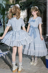 Blue [Seven Day Bell] Navy Collar Short Sleeves Printed Ruffled Bow Sweet Lolita Dress 2 Versions - Product - 23