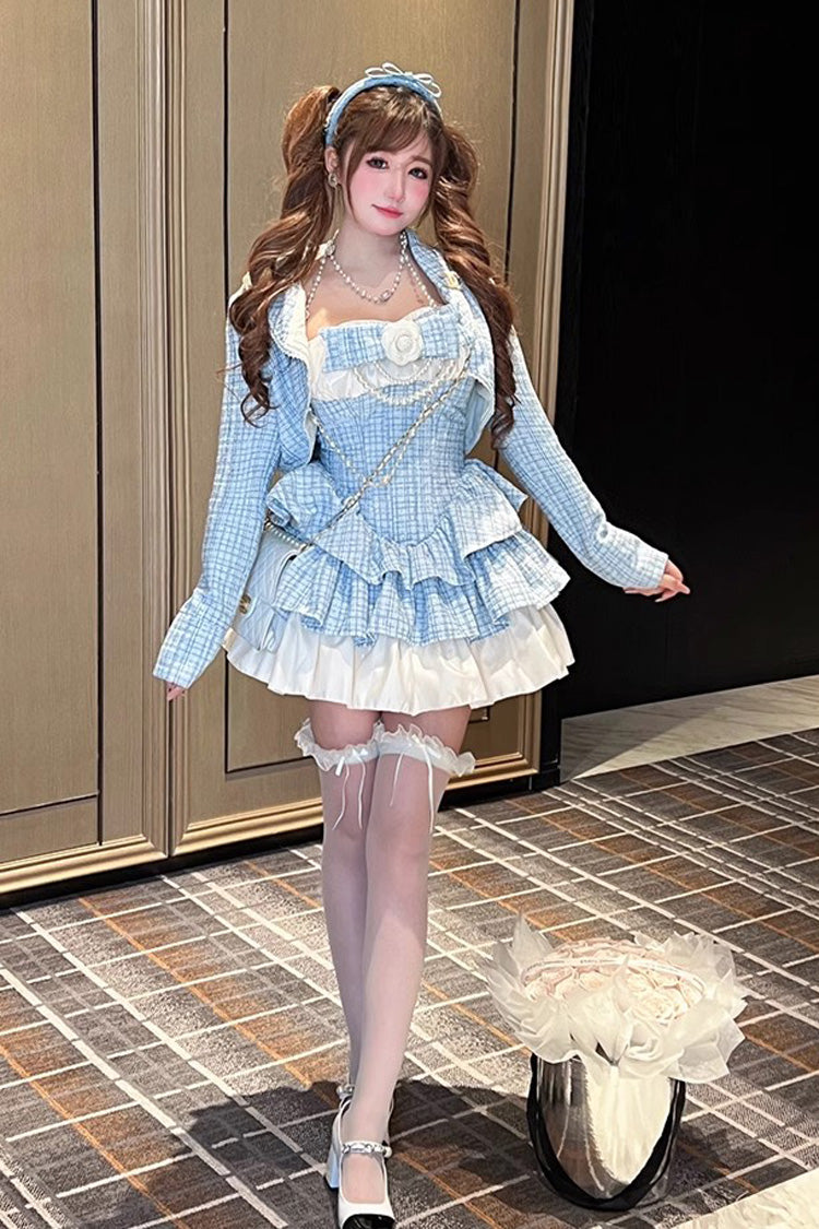 Camellia Blue Miss Plaid Print Ruffle Bowknot Sweet Lolita Dress - Product - 2