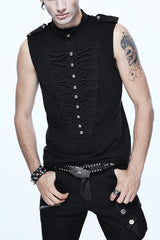 Black Military Uniform Style Chest Chinese Frog Button Sleeveless Men's Punk T-Shirt - Black - 1