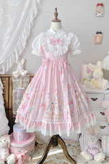 Pink Cute Cat Print High Waisted Ruffle Bowknot Sweet Princess Lolita JSK Dress - Product - 3