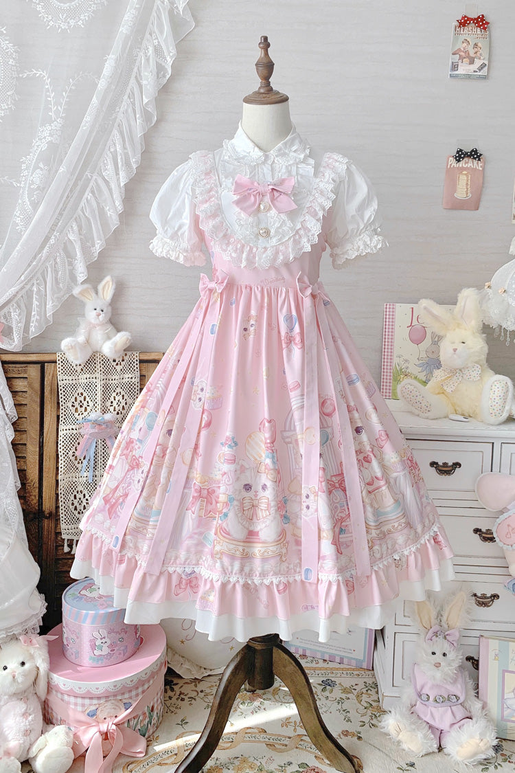 Pink Cute Cat Print High Waisted Ruffle Bowknot Sweet Princess Lolita JSK Dress - Product - 3