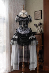 Black [Dark Night Rose] Short Sleeves Print Ruffle Bowknot Lace Asymmetric Gothic Lolita Dress - Product - 3