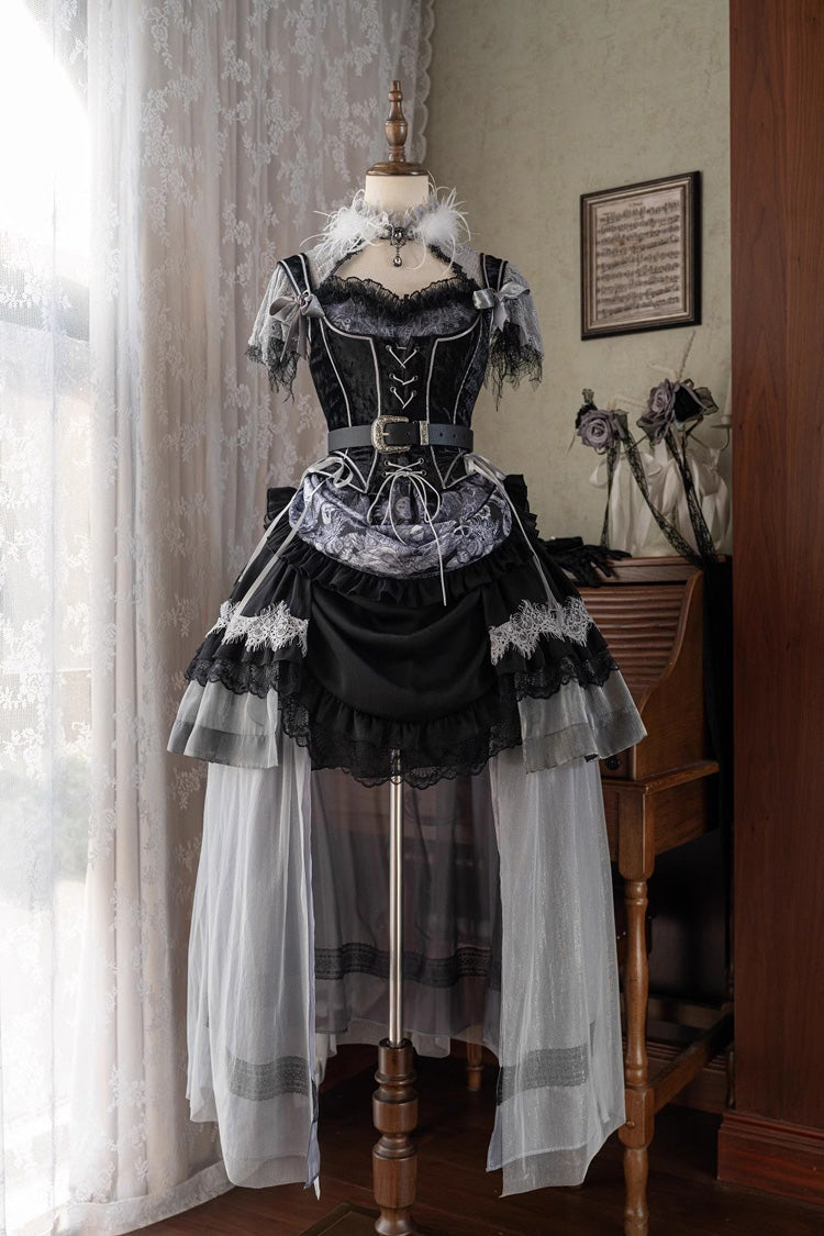 Black [Dark Night Rose] Short Sleeves Print Ruffle Bowknot Lace Asymmetric Gothic Lolita Dress - Product - 3