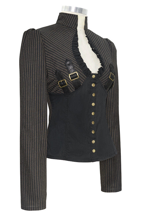 Black And Coffee Striped Low Collar Sexy Womens Punk Blouse - Product - 5