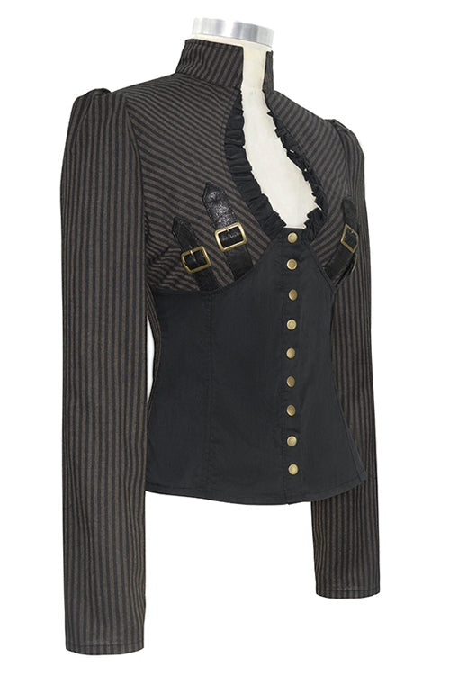 Black And Coffee Striped Low Collar Sexy Womens Punk Blouse - Product - 5