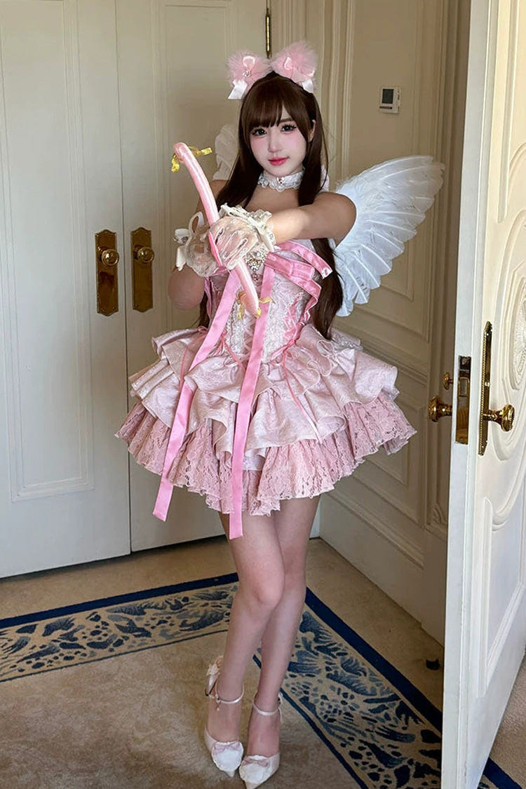 Pink [Kitten Sweetheart] Multi-Layered Ruffled Bow Lace-Up Princess Ballet Sweet Lolita Jsk Dress - Product - 5