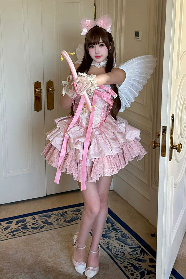 Pink [Kitten Sweetheart] Multi-Layered Ruffled Bow Lace-Up Princess Ballet Sweet Lolita Jsk Dress - Product - 5