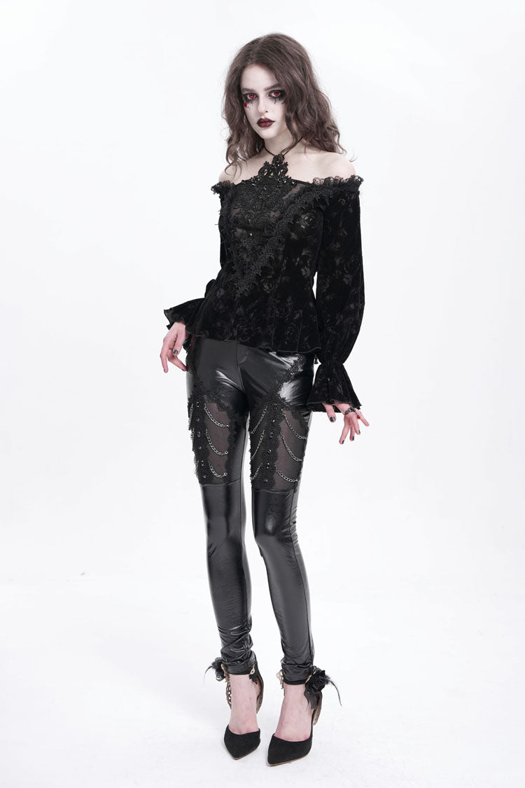 Black Chain Faux Leather Stitching Lace Women's Gothic Pants - Product - 5
