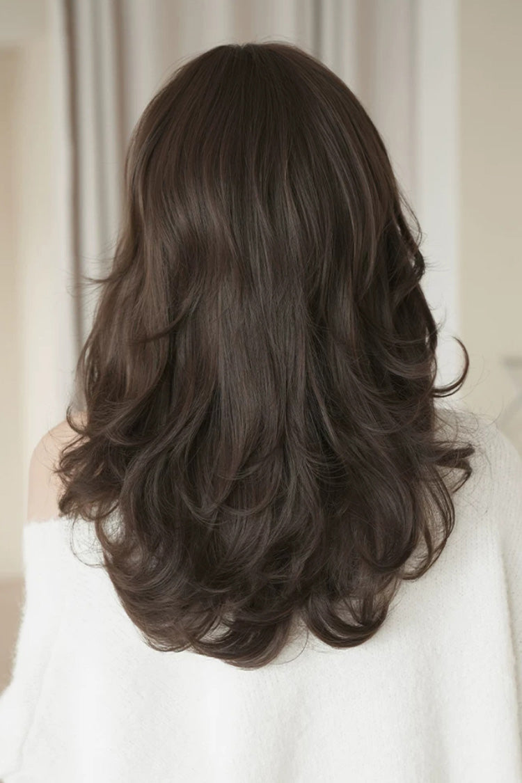 Black Brown Full Air Bangs Multi-Layered Sweet Daily Lolita Length Wig - Product - 3