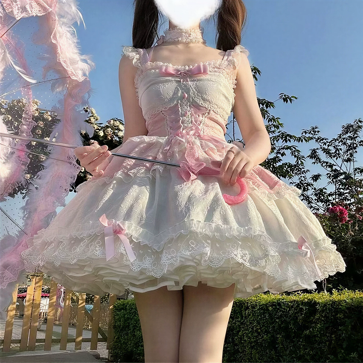 Pink and Light Blue Ruffled Lace Strap Dress with Bow Accent - view 9