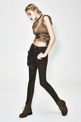 Brown Hand-Rubbed Leather Low Collar Loop Side Lace-Up Frill Hem Short Women's Punk Waistcoat - Product - 6