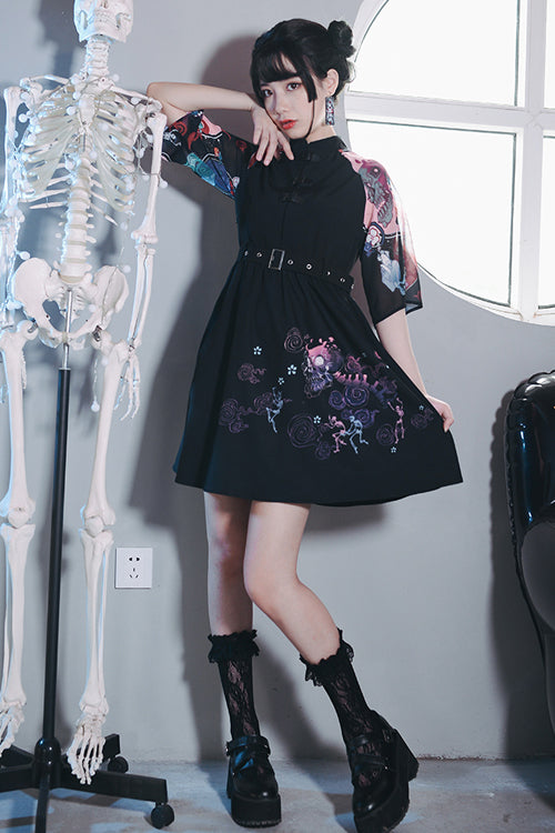 Black Stand Collar Hundred Ghosts Night Walk Colorful Print Short Sleeves High Waisted Sweet Lolita Dress - Product - 3