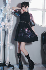 Black Stand Collar Hundred Ghosts Night Walk Colorful Print Short Sleeves High Waisted Sweet Lolita Dress - Product - 3
