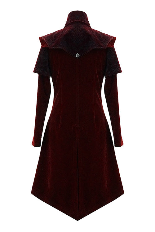 Red Gothic Stand Collar Velveteen Mens Coat - Product - 6