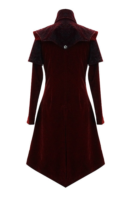 Red Gothic Stand Collar Velveteen Mens Coat - Product - 6